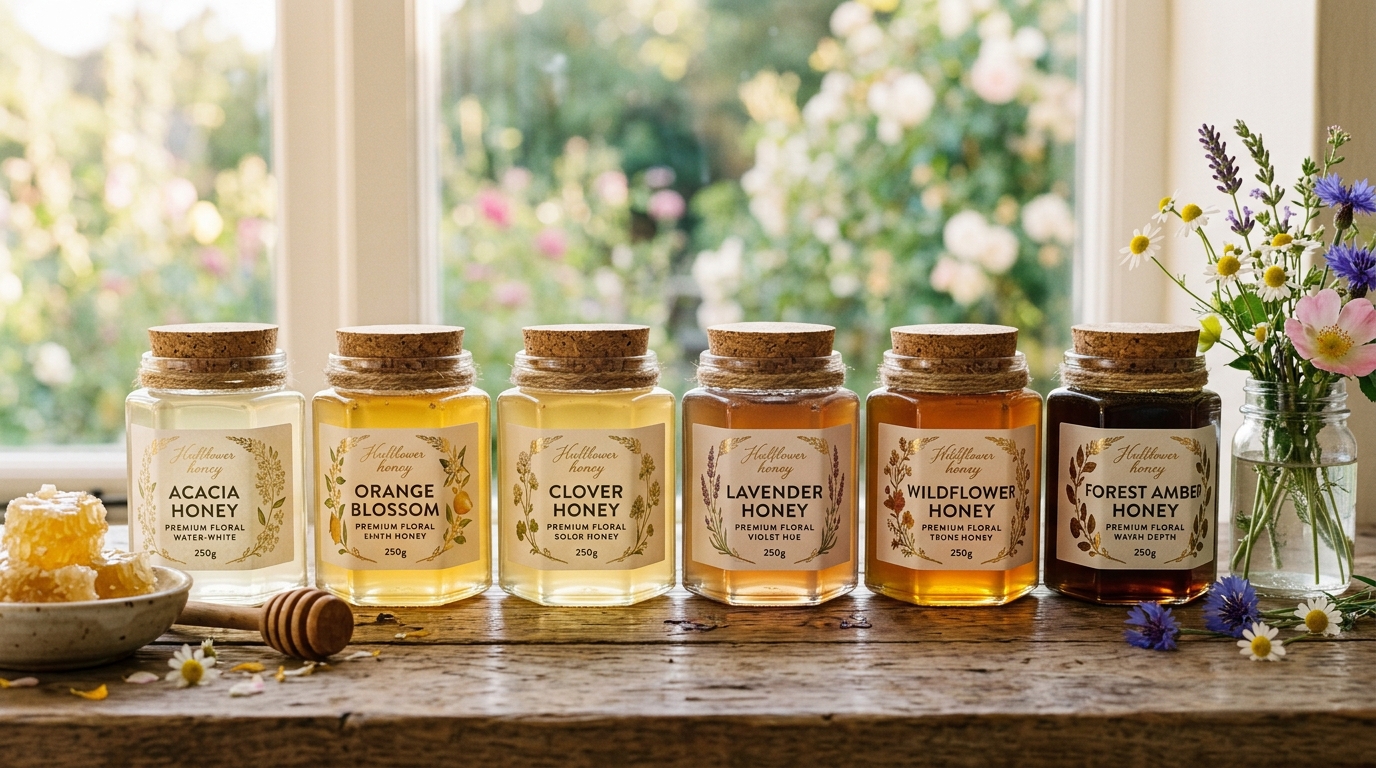 Pure floral honey varieties and natural Pfund color gradient spectrum