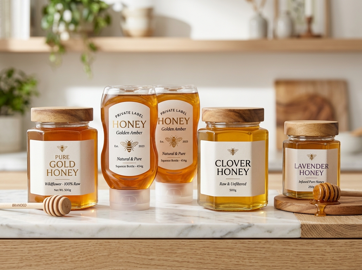 Turnkey white label honey jars, squeeze bottles and custom branded retail packaging